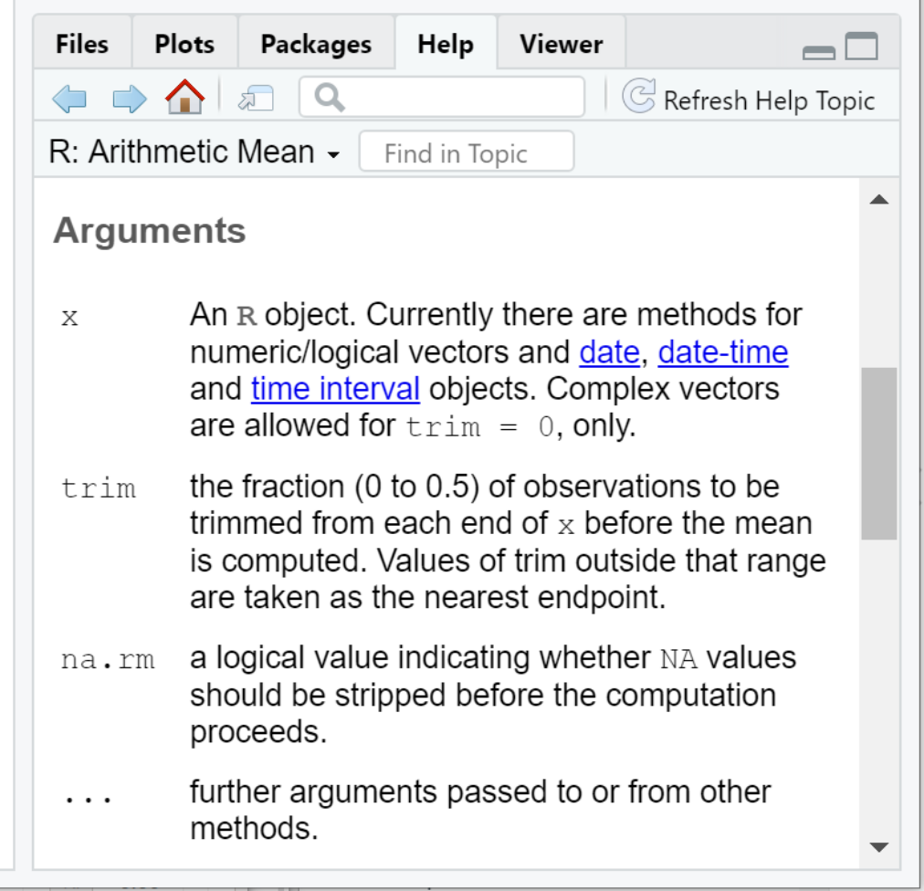 Arguments to the mean function